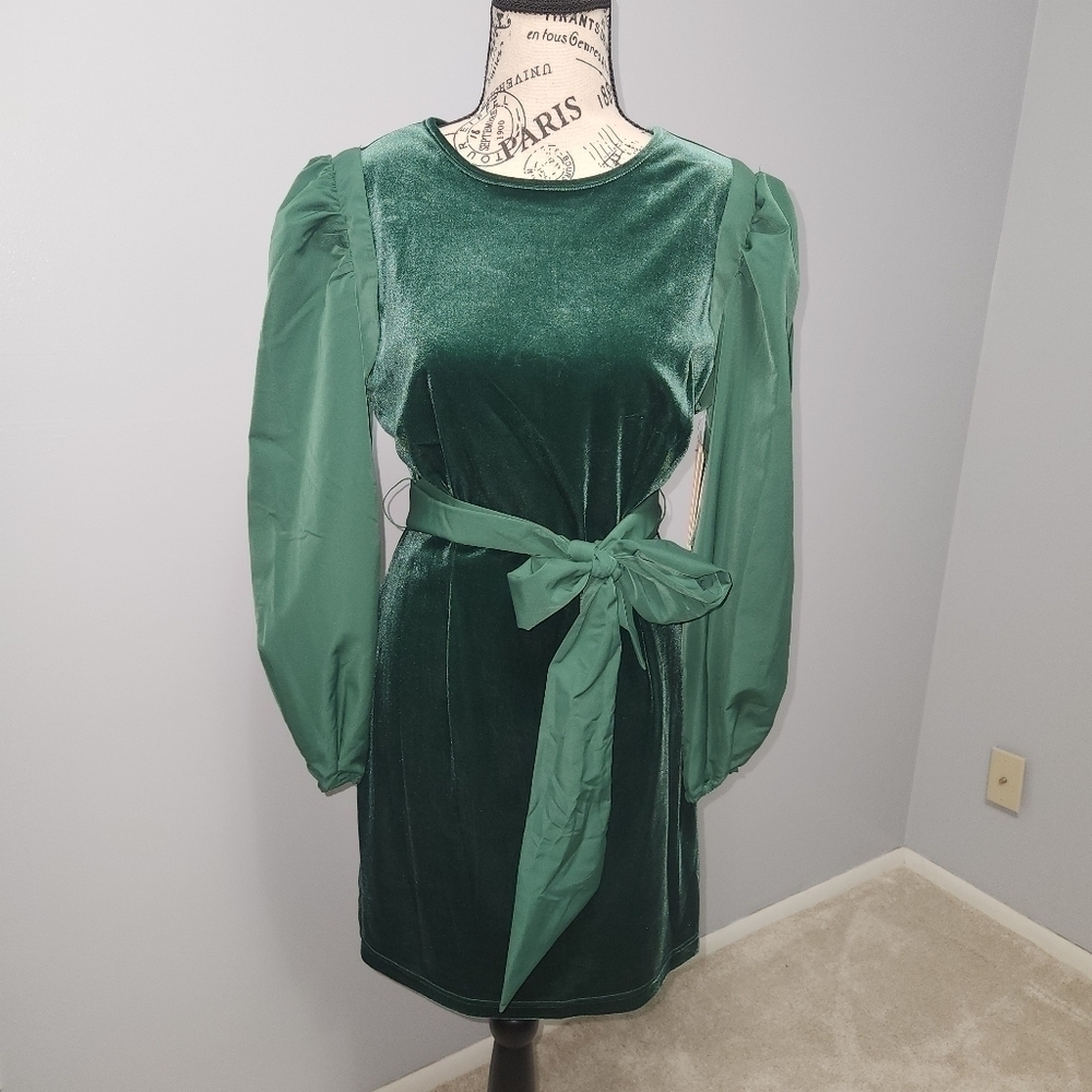 LDT Hannah NWT Stretch Velvet Bow Sash Crew Neck Puff Long Sleeve Dress Size 6 - Picture 3 of 12